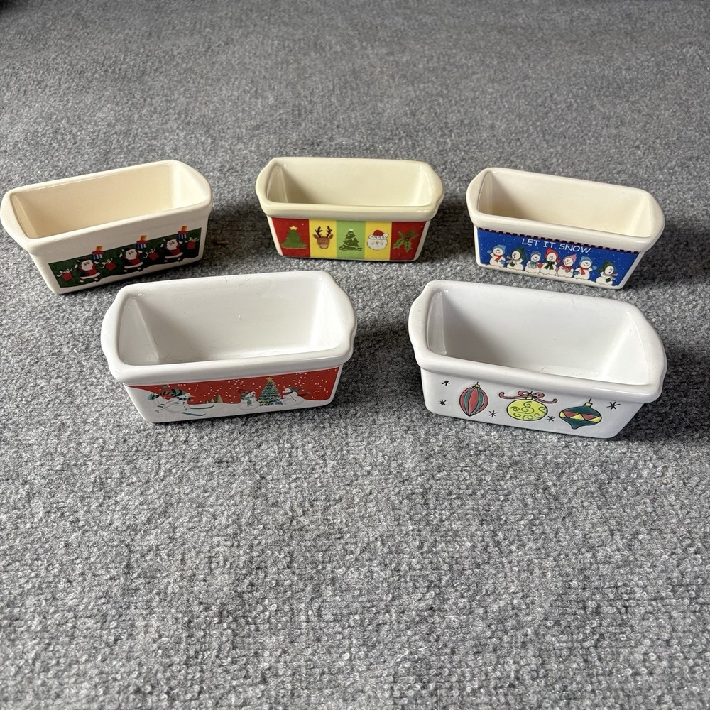 Vintage Christmas Mini Ceramic Loaf Pans Snowman‎ Santa Trees Lot of 5 Festive